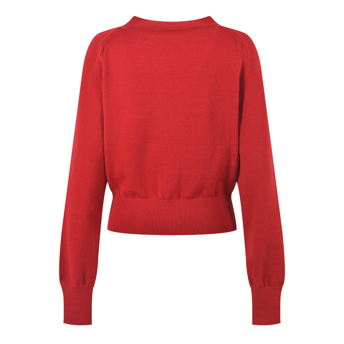 Women's red knitted V-neck sweater back view, long sleeves, ribbed hem and cuffs