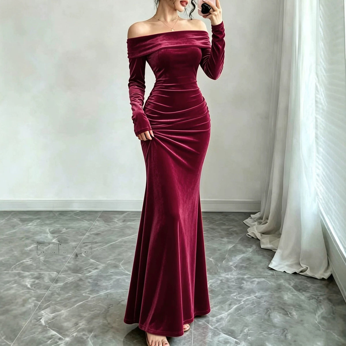 Velvet Maxi Dress with Off Shoulder Neckline — Long Sleeve Mermaid Evening Gown