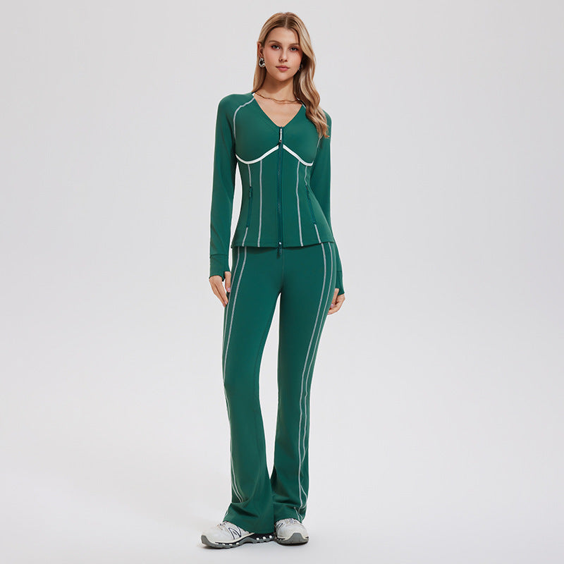 Green fitness set with long-sleeve zip jacket and straight-leg pants with contrast piping