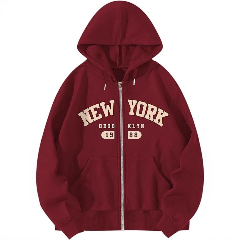 Red zip-up hooded sweatshirt with NEW YORK and Bklyn graphic, front pockets