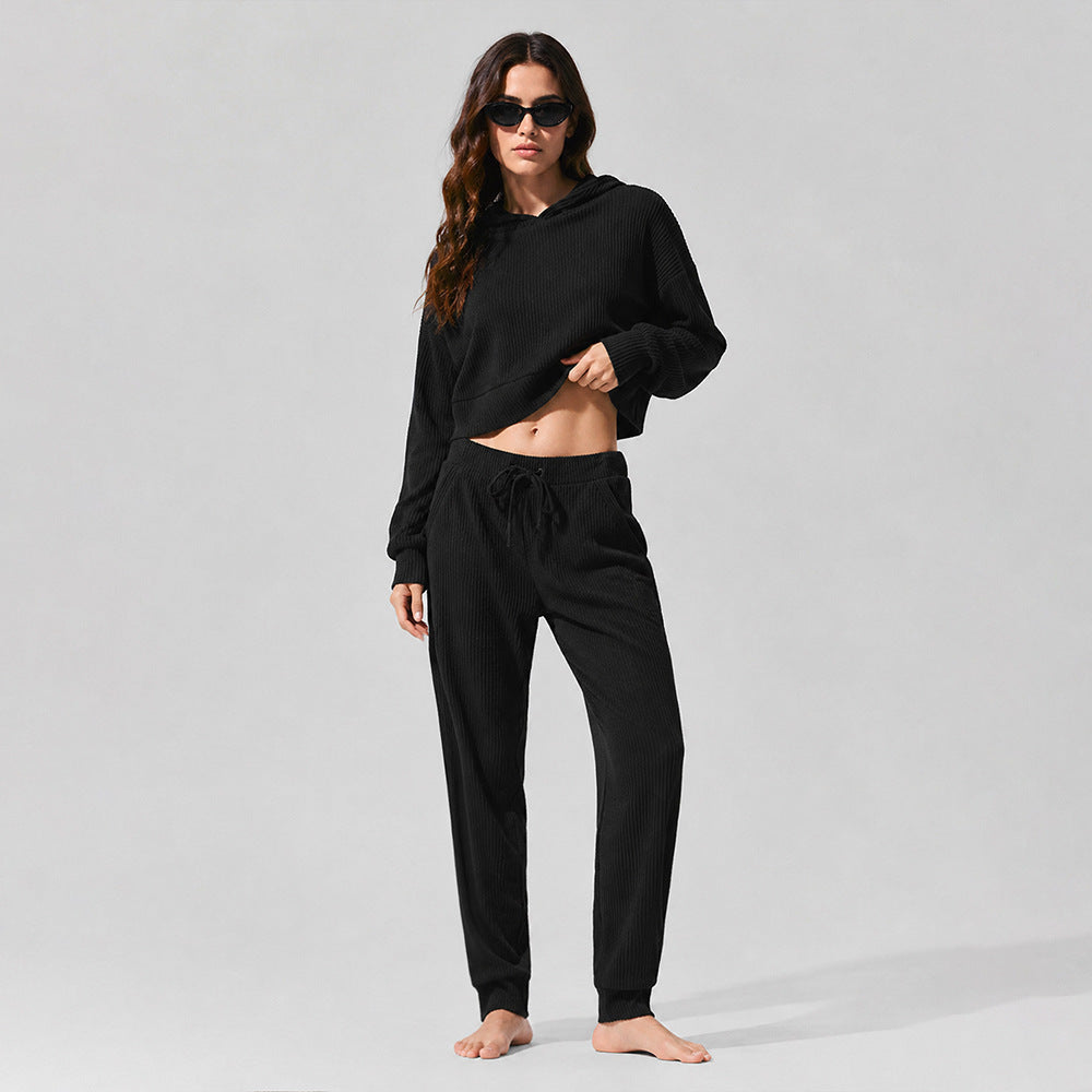Women's black corduroy lounge set, cropped hoodie with drawstring joggers