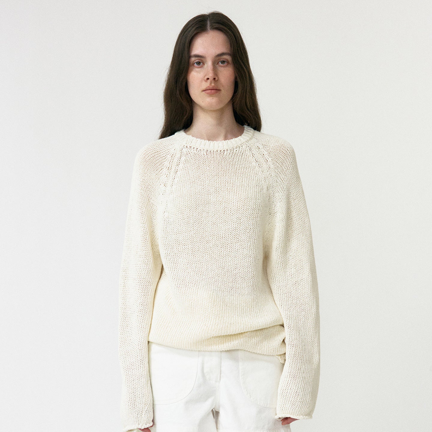 Loose Knit Sweater for Women — Oversized Raglan Crew Neck Pullover in Cotton