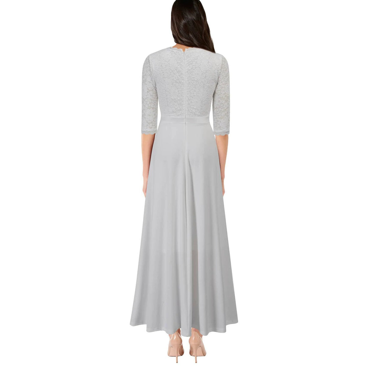 Light gray lace long dress back view, 3/4 sleeves, V-neck, flared full skirt.