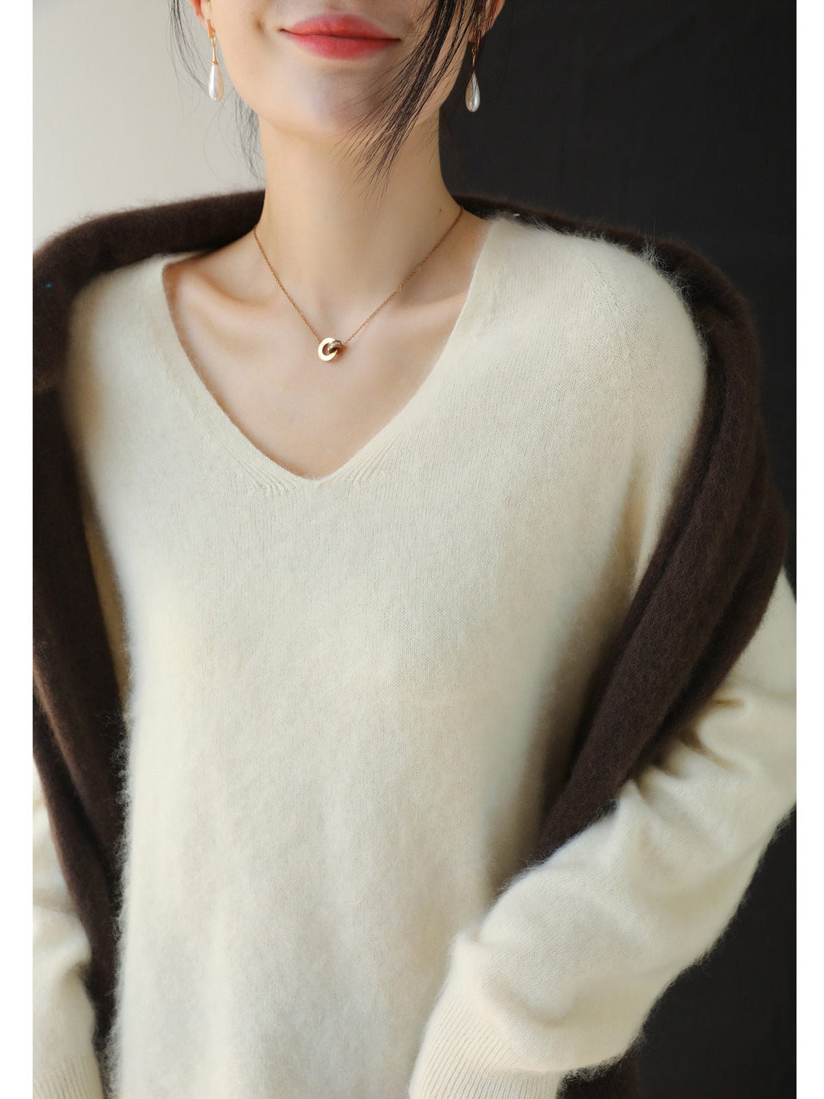 Cream women's V-neck brushed knit sweater, long sleeves