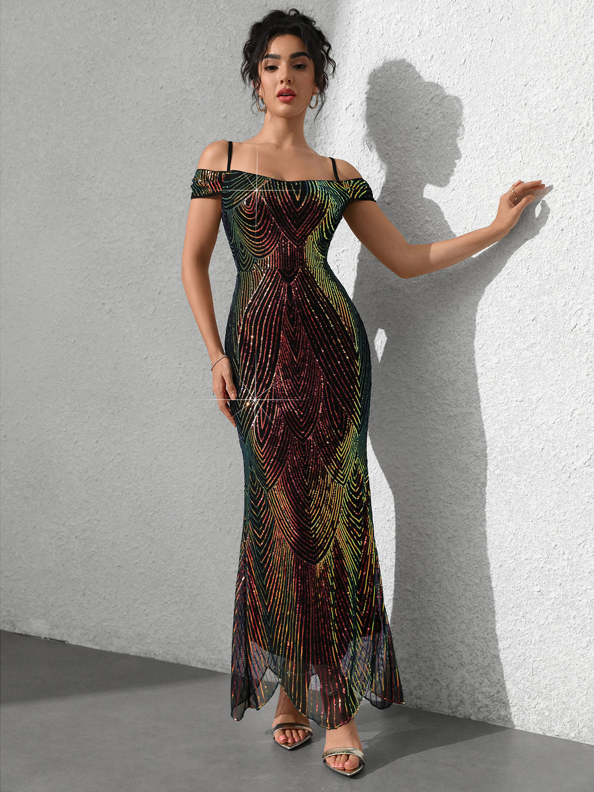 Off-shoulder sequin fishtail dress, multicolor maroon-red pattern, fitted bodice, long hem