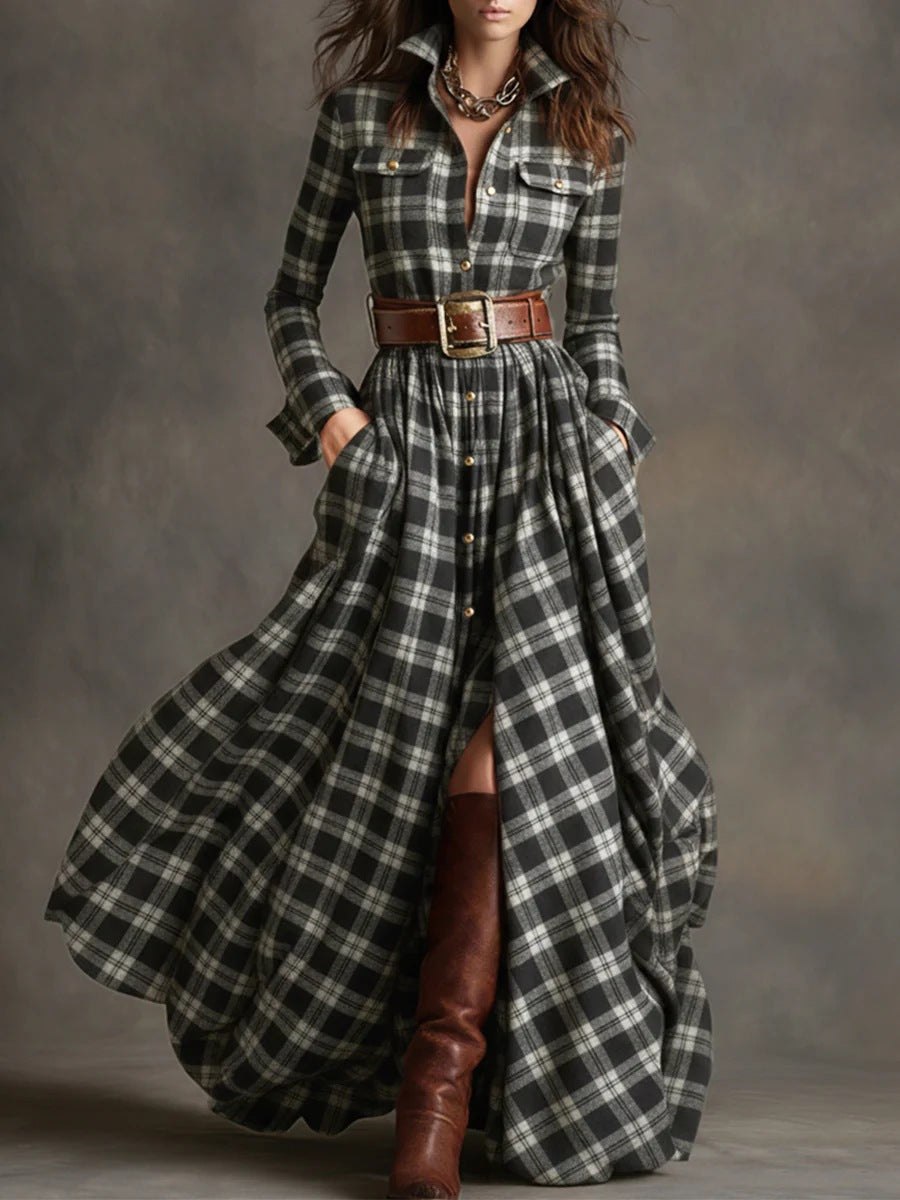 Gray plaid maxi shirt dress with button front, long sleeves, corset-style belt, front slit
