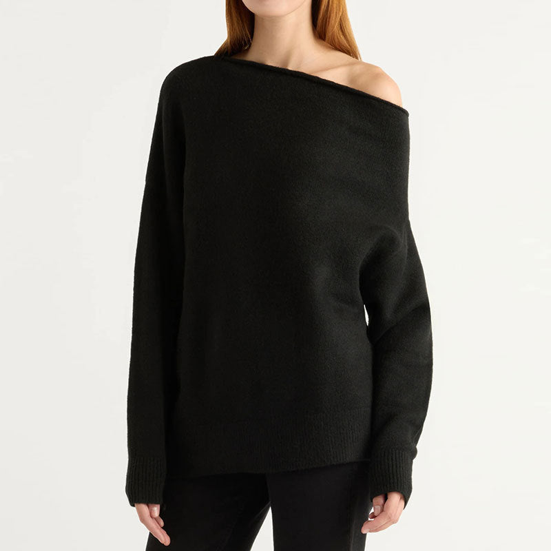 Black off-shoulder knit sweater with wide neck and long sleeves