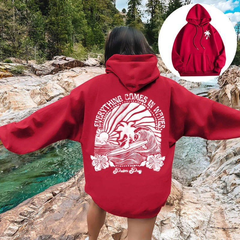 Surf Graphic Hoodie for Women — Oversized Back Print Pullover in Cotton Fleece