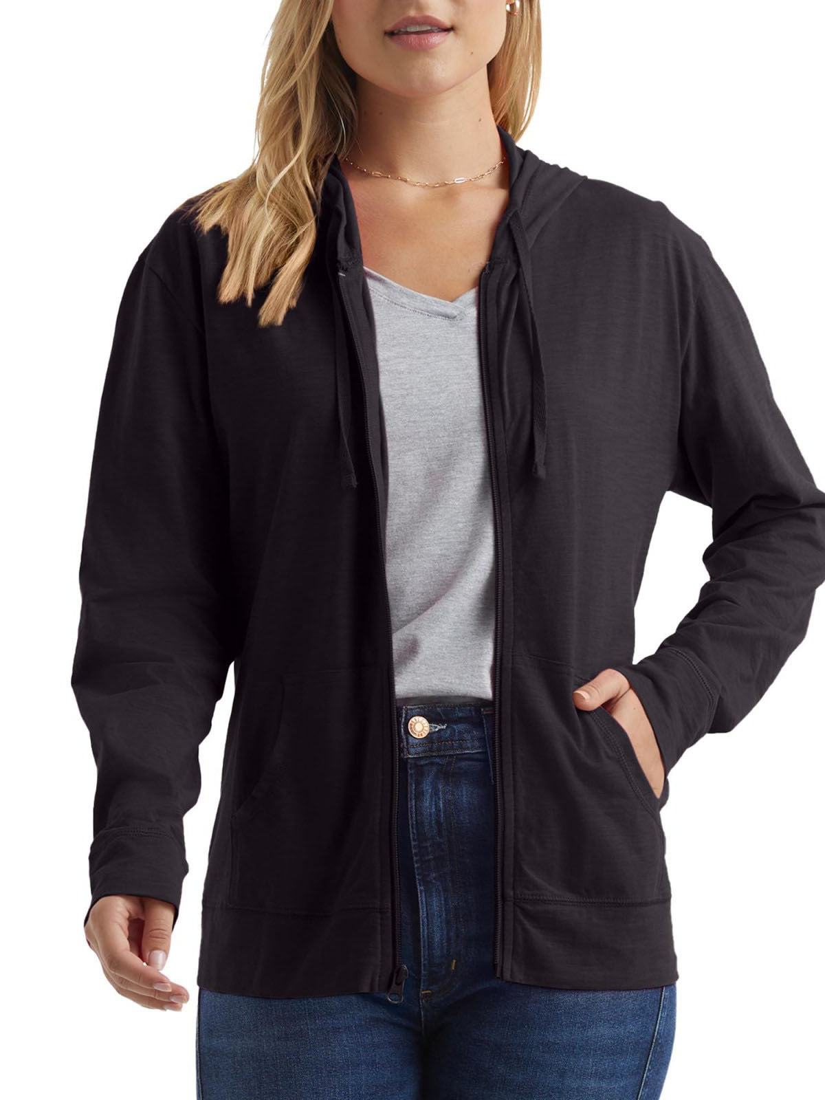 Black plus-size zip-up hoodie sweatshirt with hood, drawstrings, and front pockets