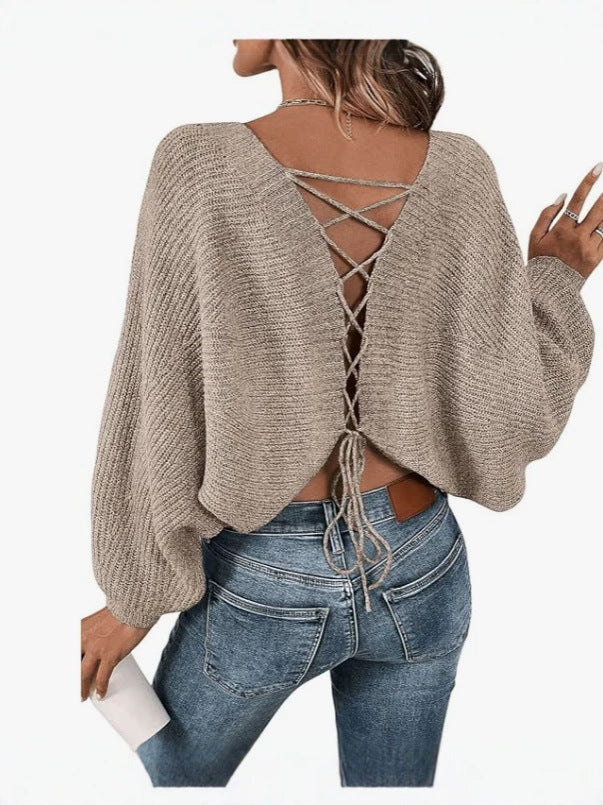 Off Shoulder Sweater for Women — Relaxed Batwing Fit with Lace Up Back in Merino Wool