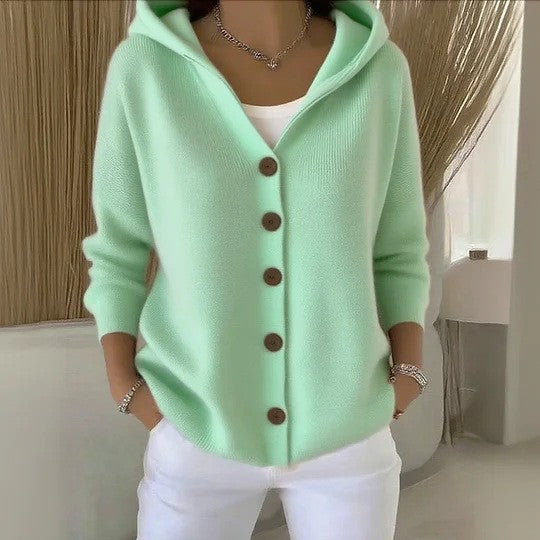 Mint green hooded knit cardigan with button-front placket and long sleeves