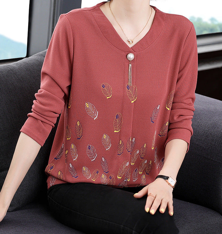Long Sleeve Top for Women — Loose V Neck Style with Feather Print in Soft Cotton