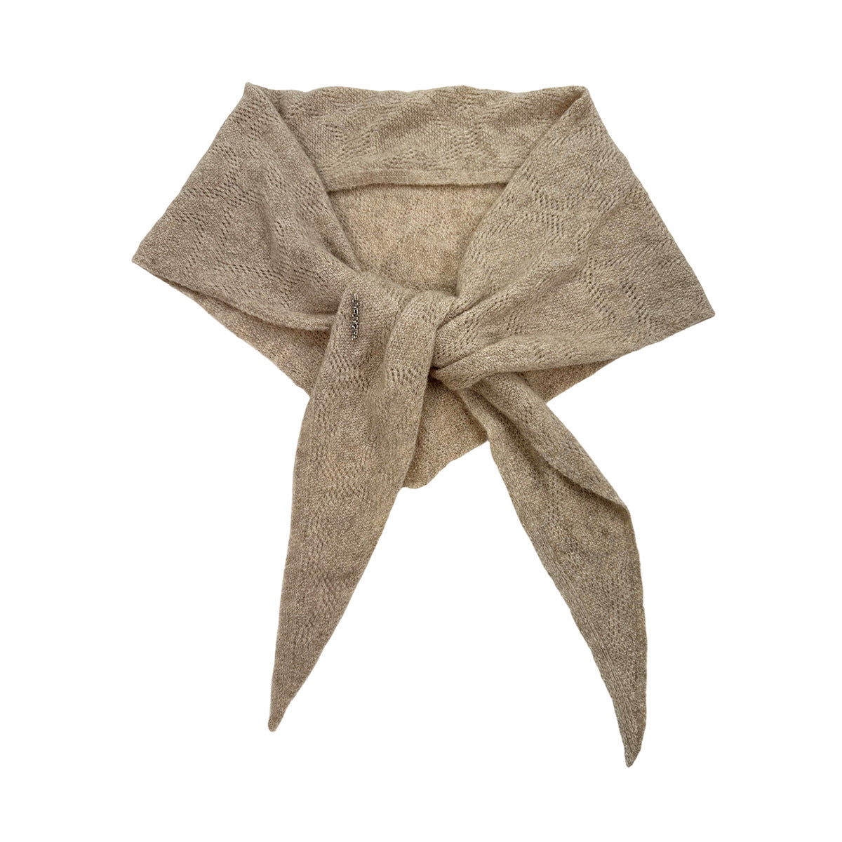 Wool triangle scarf with tied bow, textured knit, light taupe-beige color