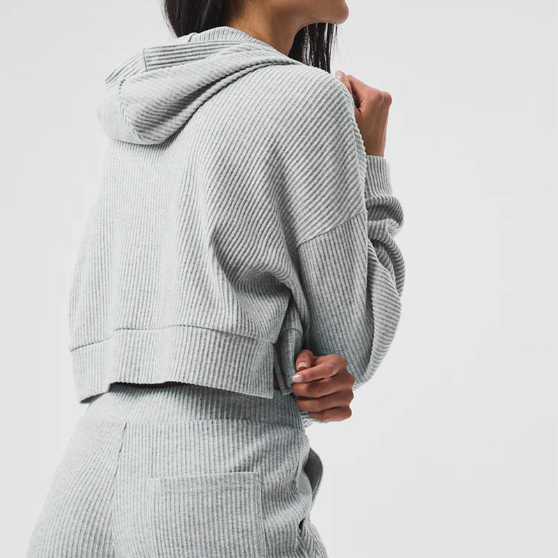 Gray corduroy hooded pullover sweater, long sleeves, with matching jogger pants