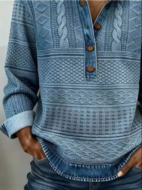 Cable Knit Sweater for Women — Denim Collar Cuffs and Hem with Button Placket in Wool