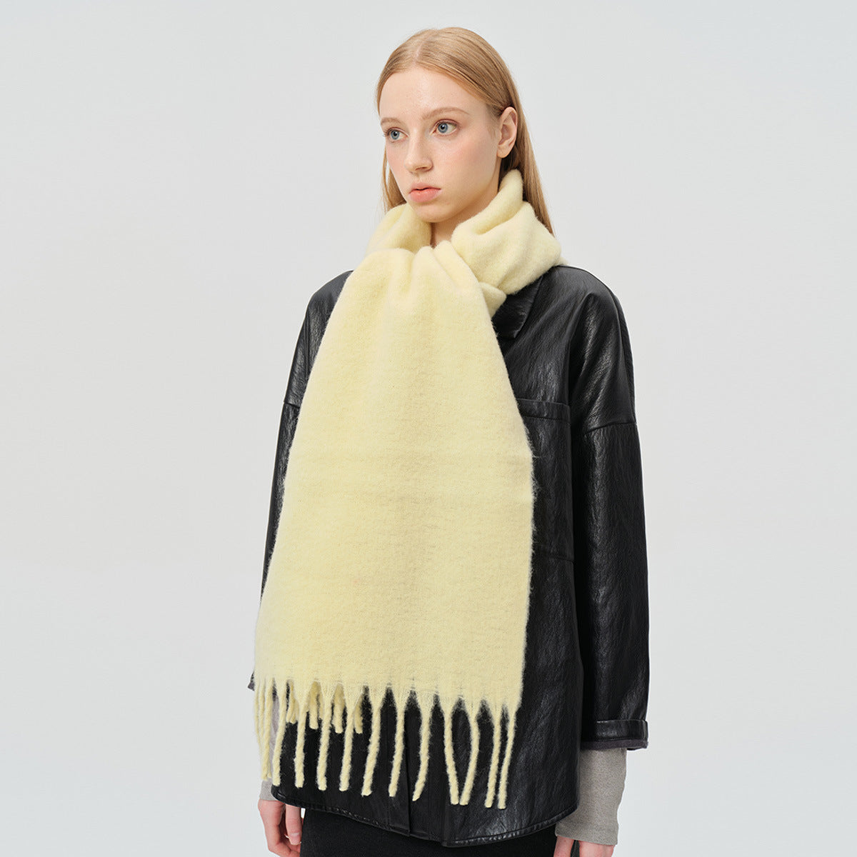 Wool-blend tassel scarf, pale yellow, oversized wrap with fringed border