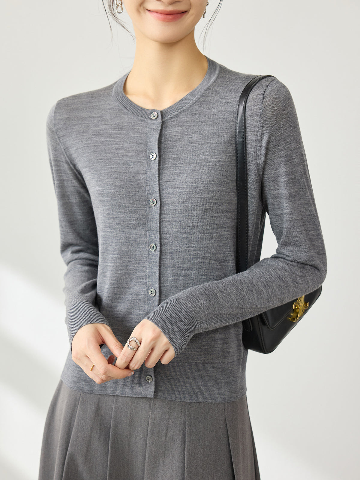 Women's light gray wool cardigan, round neck button-front, long sleeves
