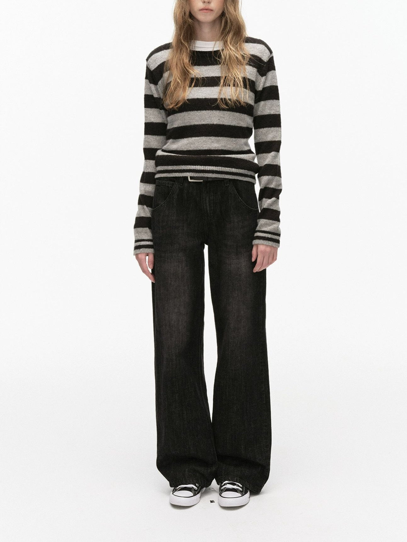 Striped Crewneck Sweater for Women — Fitted Ribbed Knit Pullover in Wool Blend