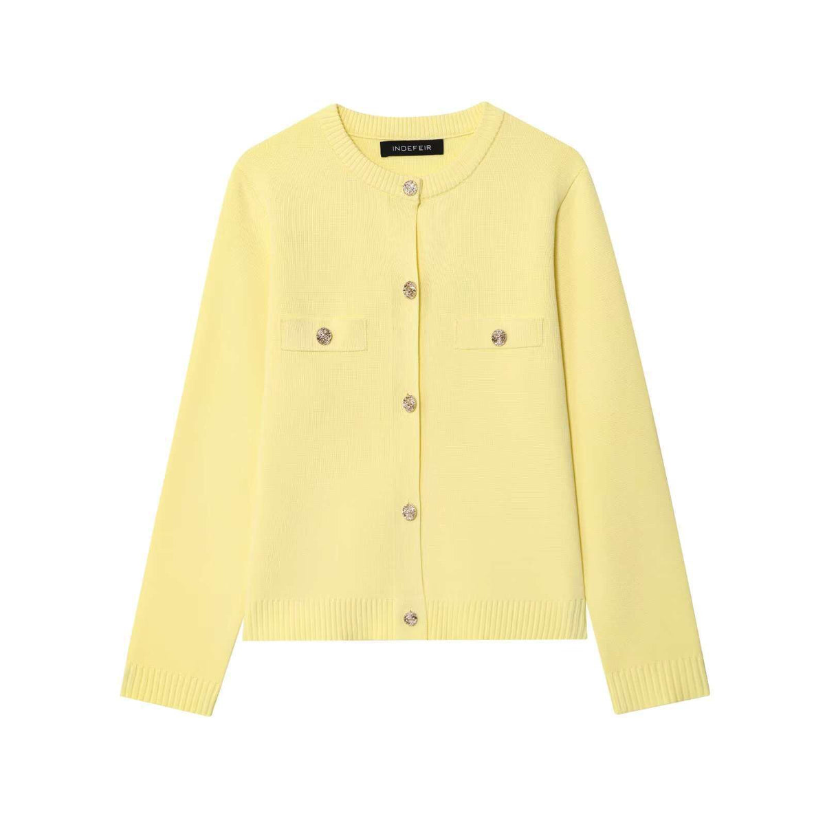 Yellow knit button-front jacket with long sleeves and two chest pockets