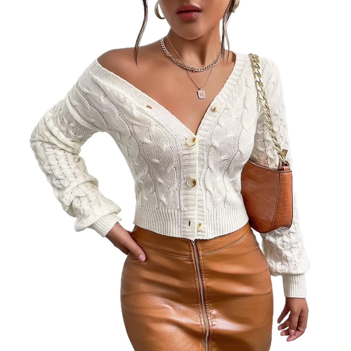 Milky white women’s cable-knit cardigan with v-neck, button placket, long sleeves