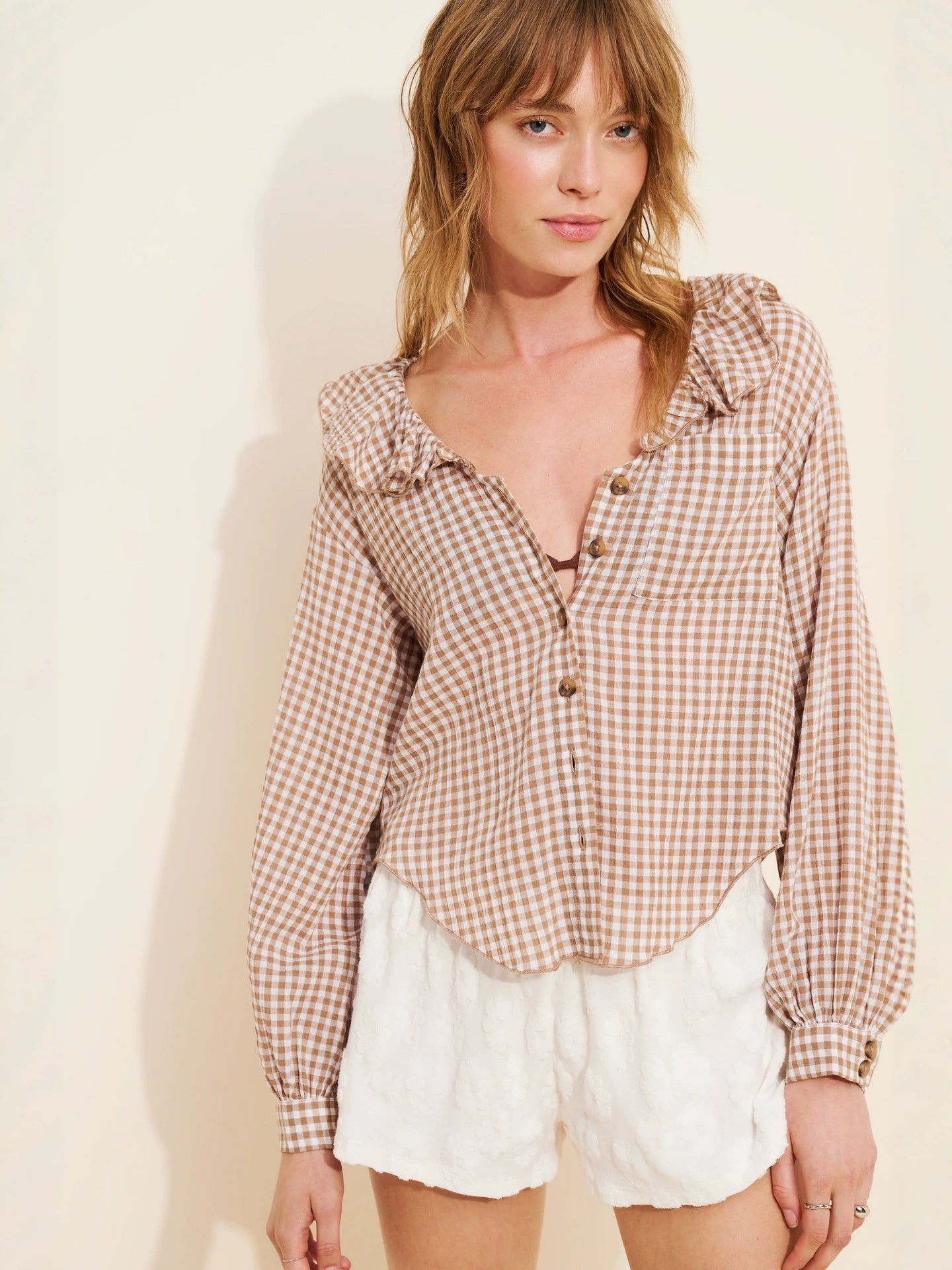 Ruffle Collar Blouse — Gingham Check with Puff Sleeves and Button Front in Cotton