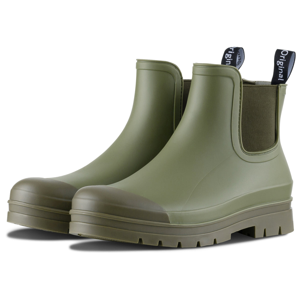 Olive green short rain boots with pull-on stretch side panels and tread sole