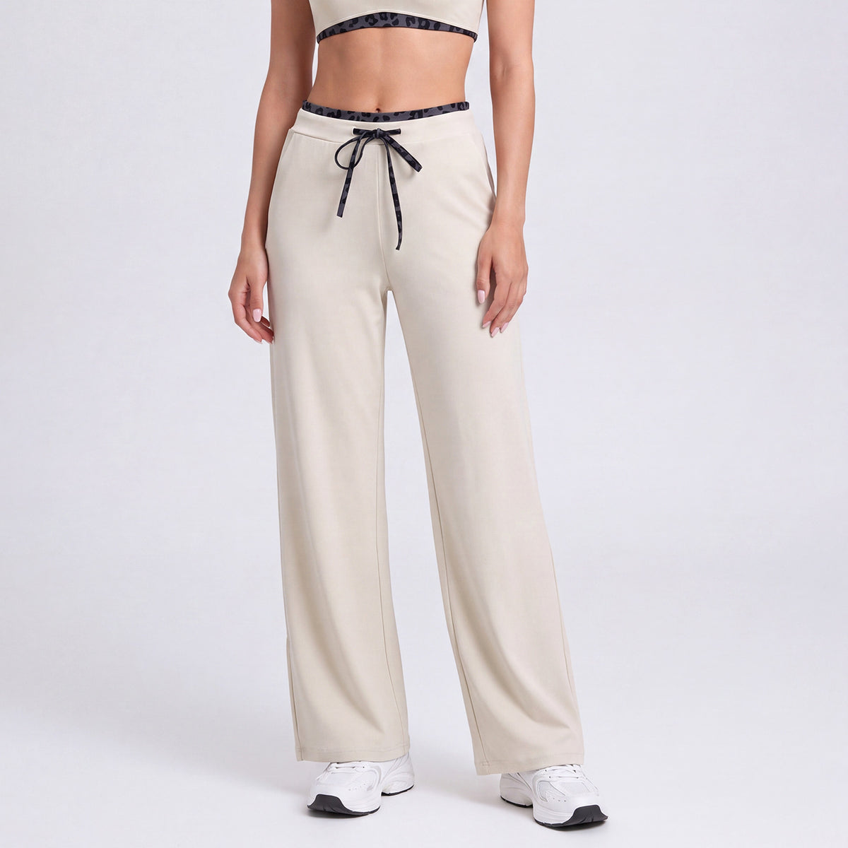 Women's straight-leg athletic pants, cream with leopard-trim drawstring waistband