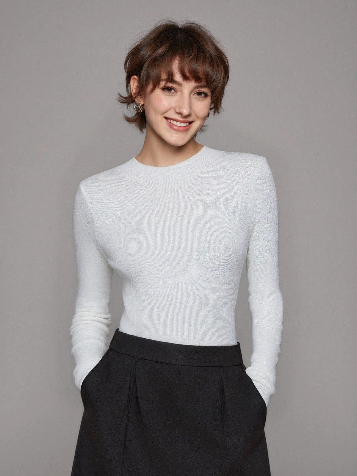 White half turtleneck wool knit sweater, fitted long sleeves