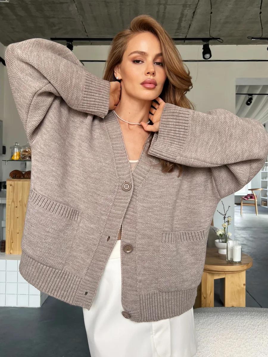 Women's heather beige button-front V-neck knit cardigan with patch pockets