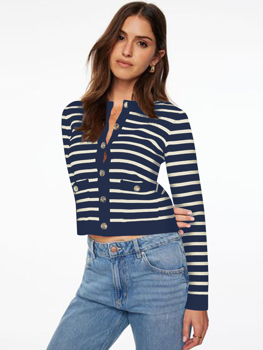 Striped Cardigan for Women — Cropped Gold Button Knit in Soft Merino Wool