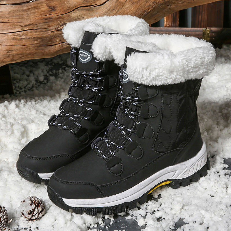 Black high-top winter snow boots with plush cuff, lace-up straps, and tread sole