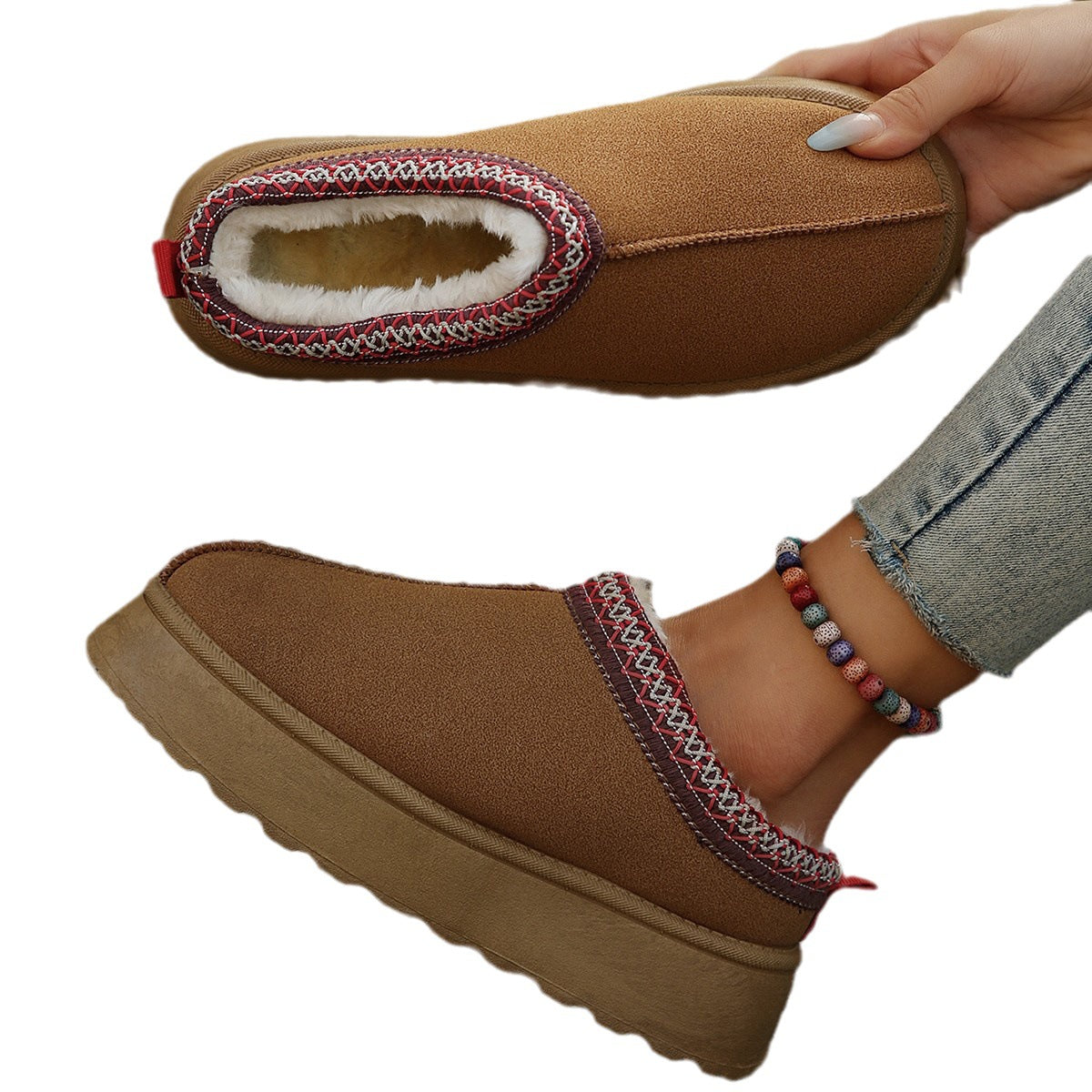 Platform Slippers for Women — Fur Lined Slip On Mules with Embroidered Trim