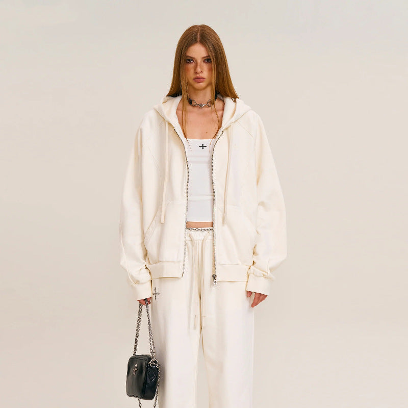 White zip-up hooded sports hoodie jacket with drawstring hood and front zipper