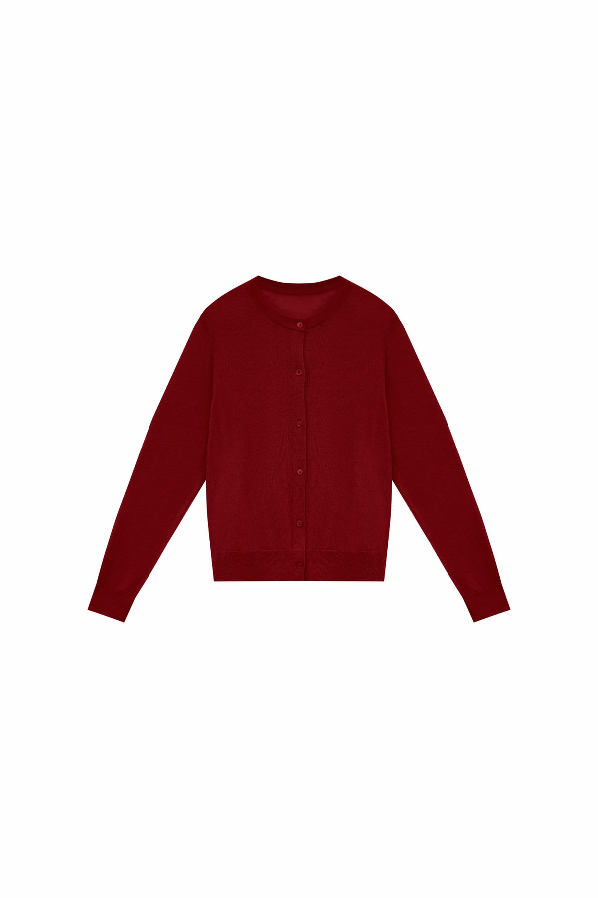 Red water-soluble wool blend cardigan, long sleeves, button-front, round neckline