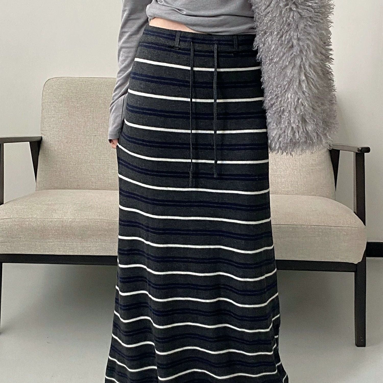 Striped Knit Maxi Skirt — A Line Silhouette with Drawstring Waist in Wool Blend