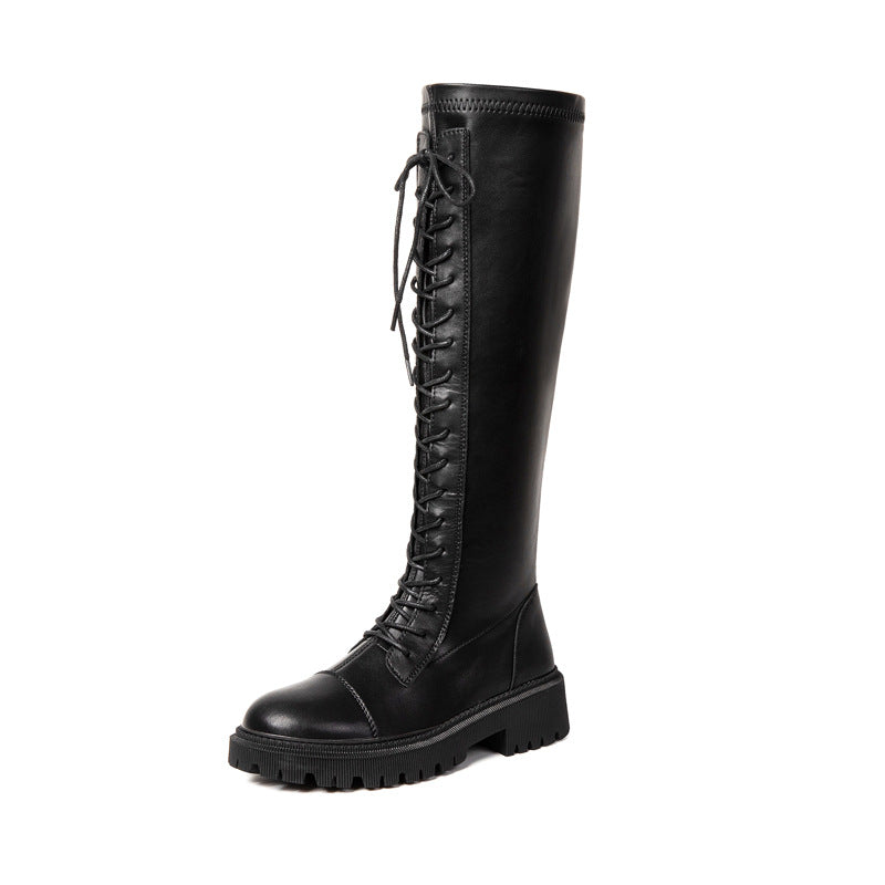 Knee-high lace-up riding boots with chunky sole, black