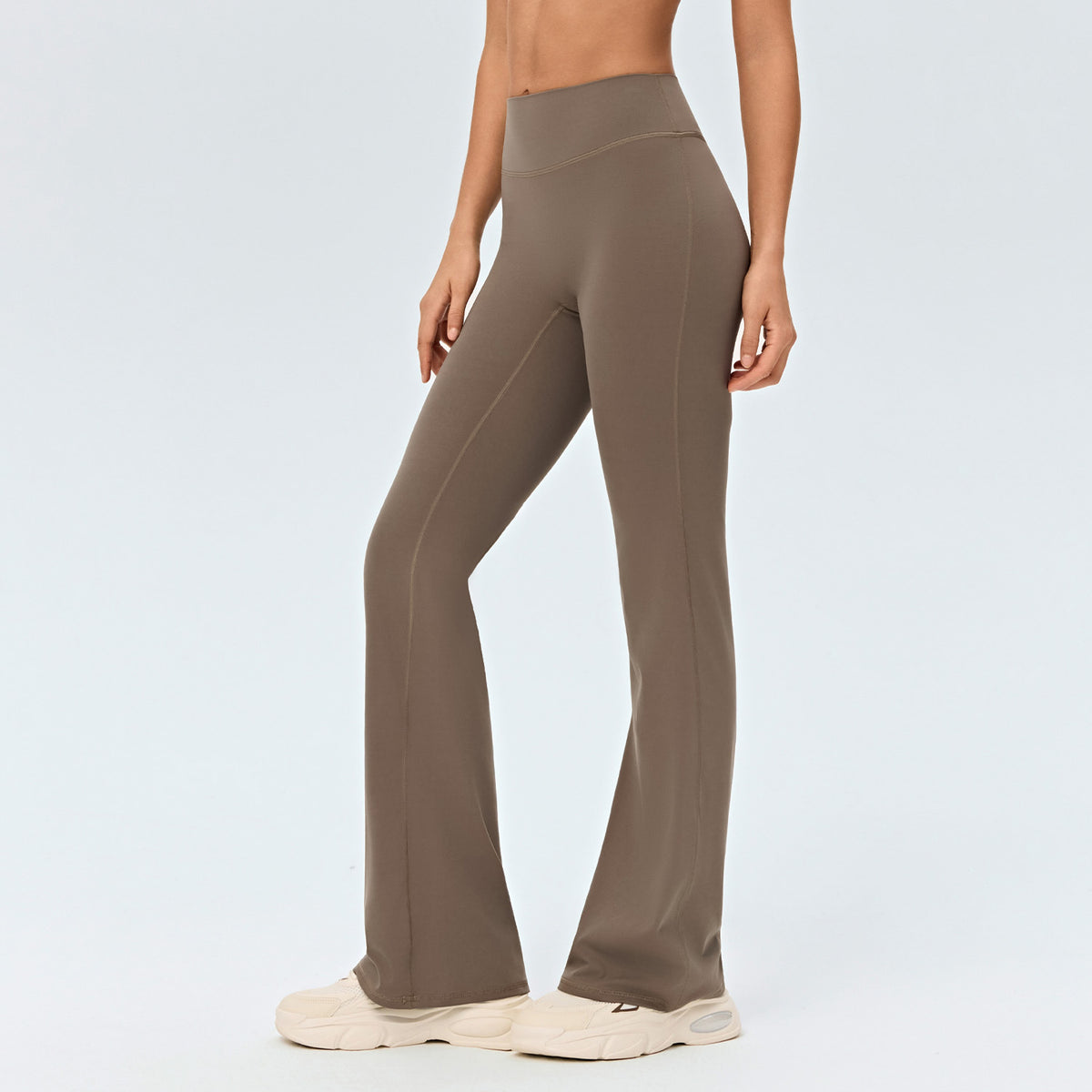 Women’s high-waisted yoga flared pants in brown, wide-leg flared silhouette