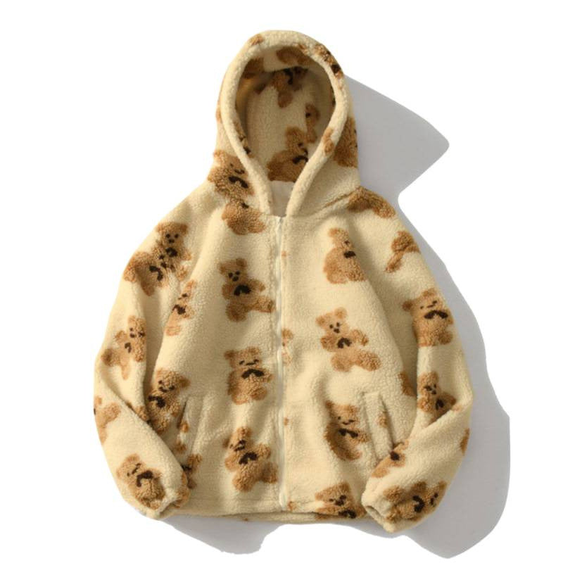 Off-white plush zip-up hoodie with teddy bear allover print and cozy hood