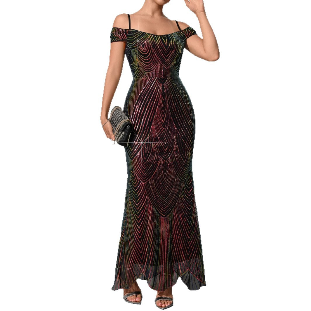 Off-shoulder sequin fishtail dress, black with red-green pattern, fitted bodice, long hem