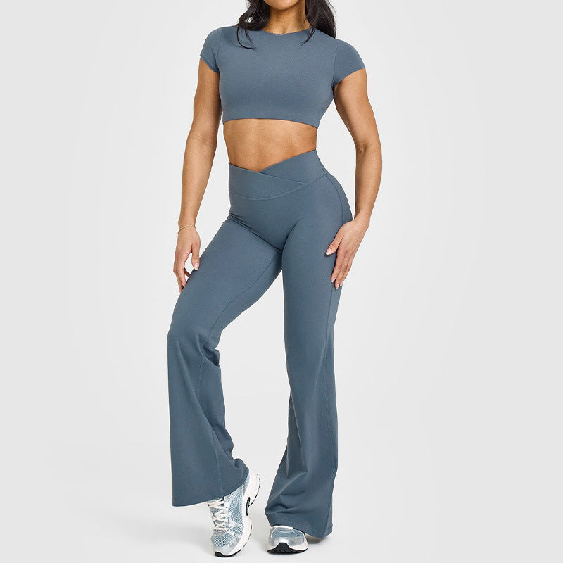 Women’s flared yoga pants in slate blue, high-rise fit with wide-leg flare