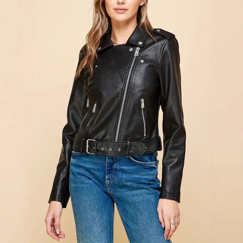 Women's short PU leather jacket in black, zip-front biker style with stand collar