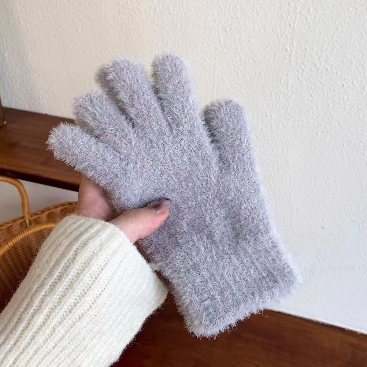 Light gray plush winter gloves with long cuff