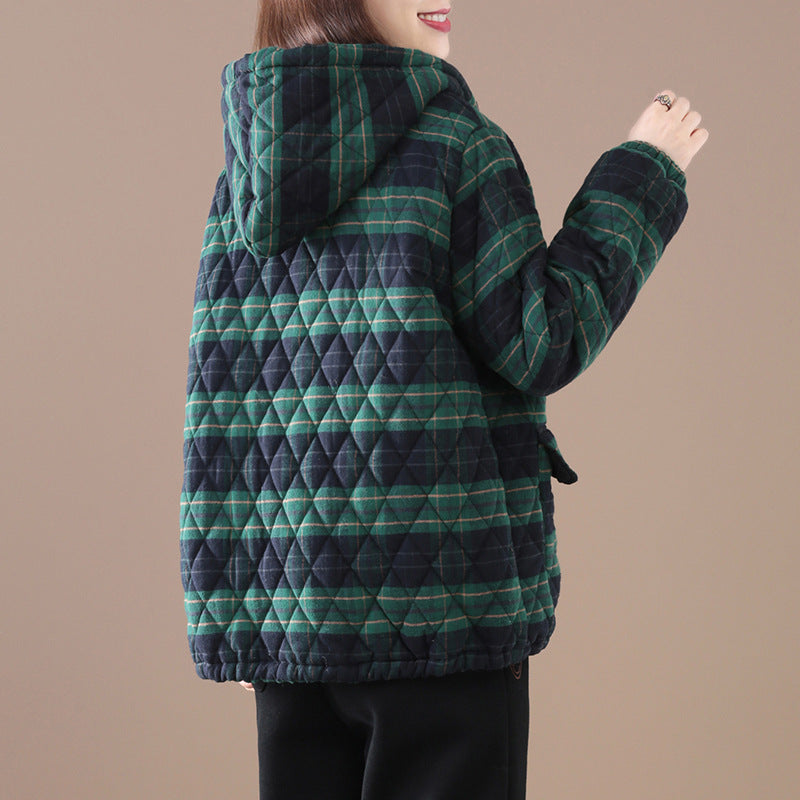 Plaid puffer jacket with attached hood, dark navy and green plaid, full zip front