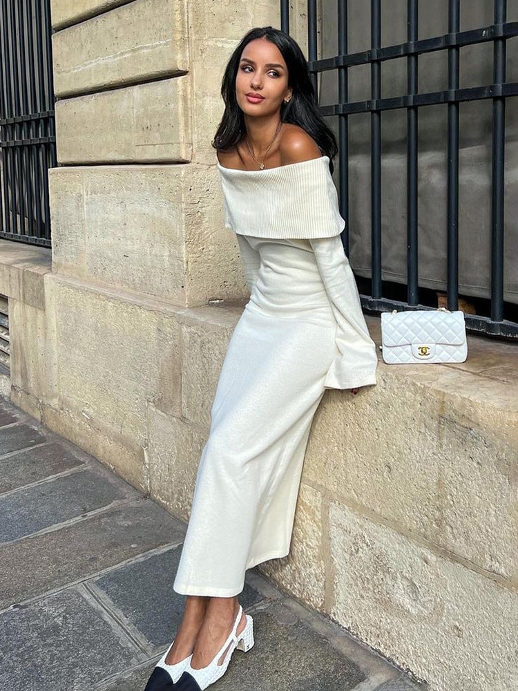 Off Shoulder Maxi Dress — Ribbed Knit Bodycon with Fold Over Neckline and Long Sleeves