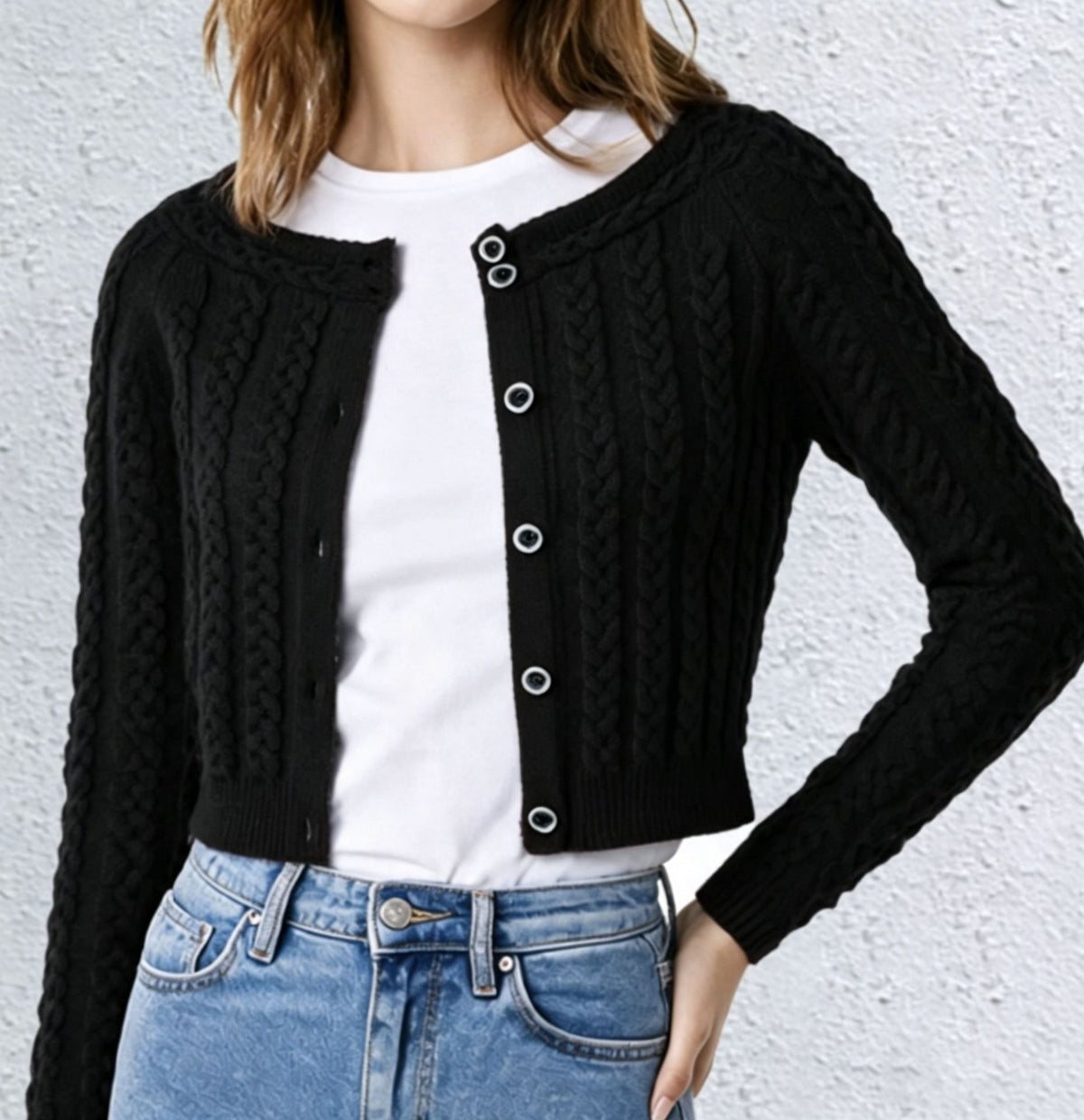 Women’s black cable knit cardigan, round neck button-front, long sleeves