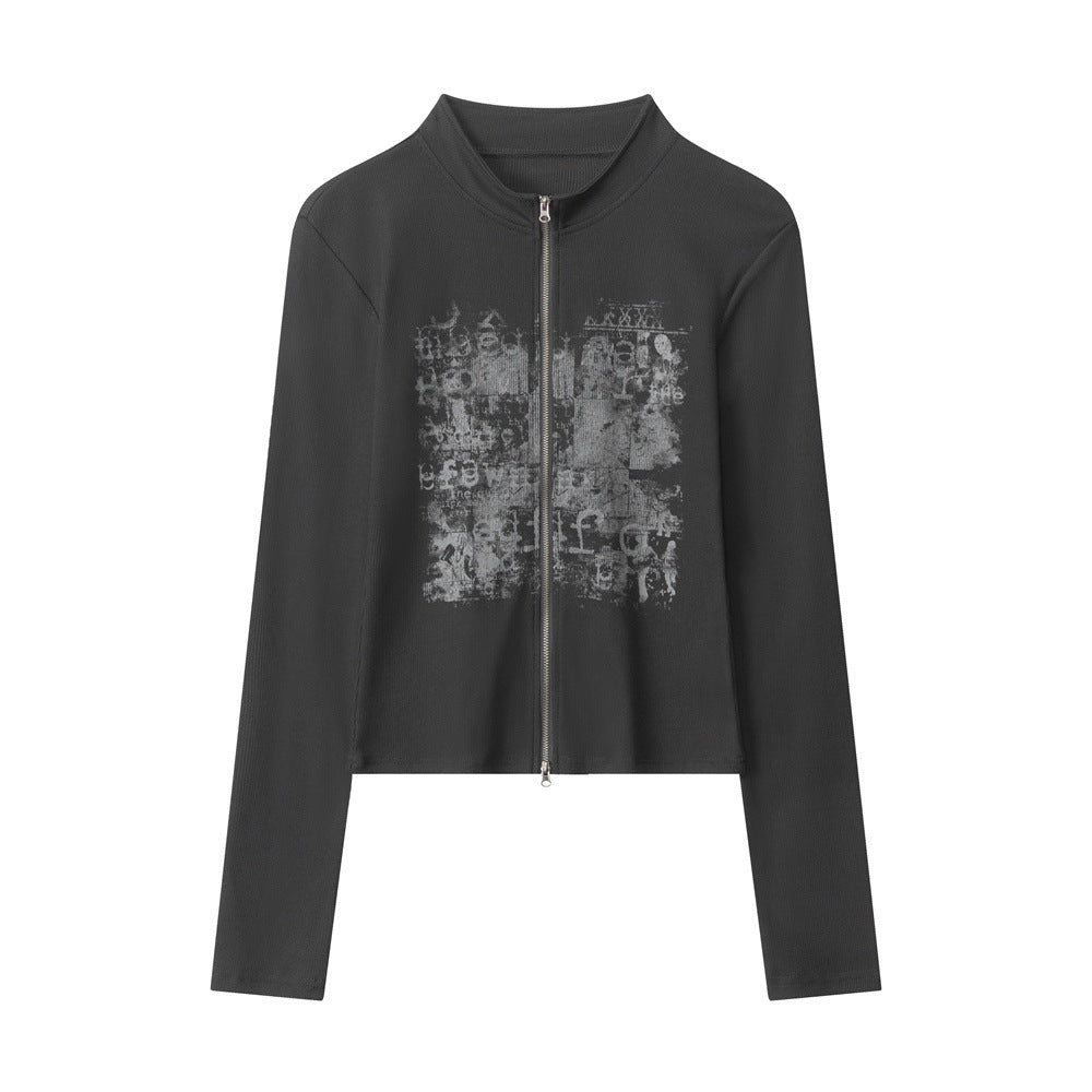 Women's black slim stand-collar zip-up long-sleeve top with abstract front print
