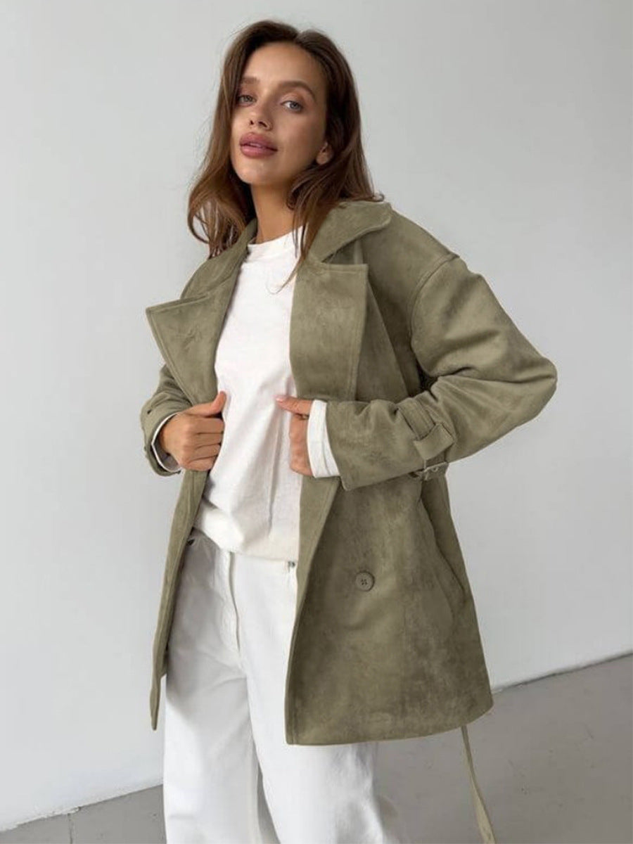 Olive suede lapel tie-waist jacket with flap pockets and button front