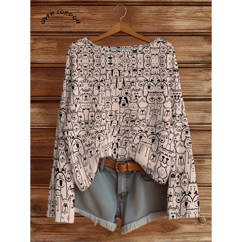 Dolman Sleeve Sweater for Women — Oversized Boat Neck Knit with Playful Animal Print