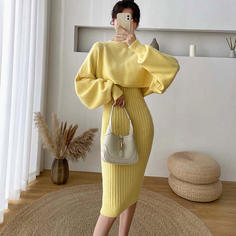 Sweater Dress Set — Cropped Crew Neck Knit Top with Ribbed Midi Cami Dress in Merino Wool