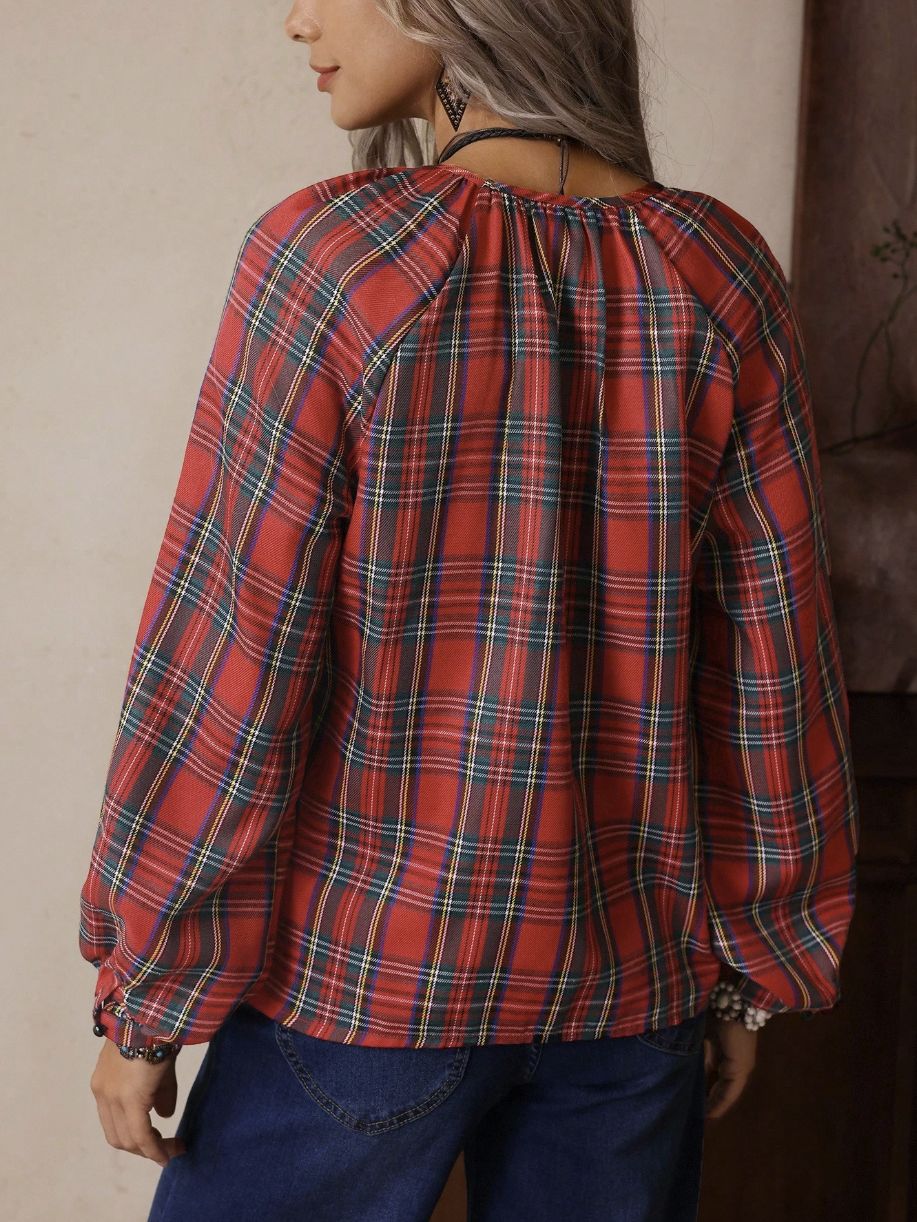 Plaid Blouse — Boho V Neck Peasant Top with Balloon Sleeves and Tie Detail in Viscose